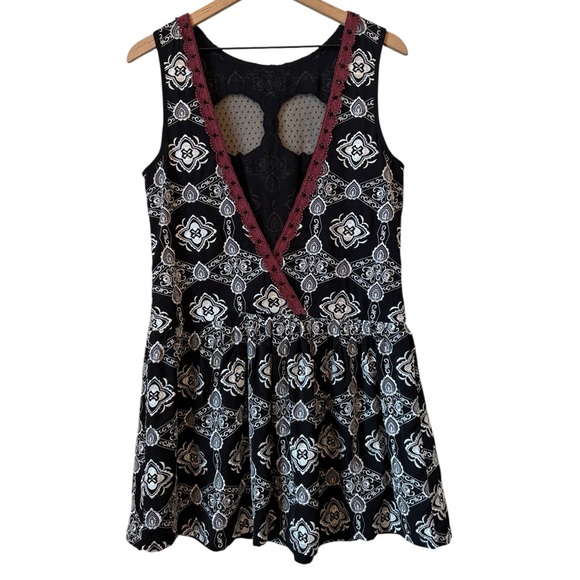 Free People Nights Embroidered Black & White Drop Waist Deep V Back Dress Size S - Picture 9 of 16